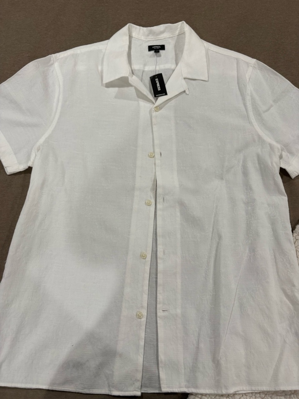 Express White Short-Sleeve Linen-Blend Button Down Shirt